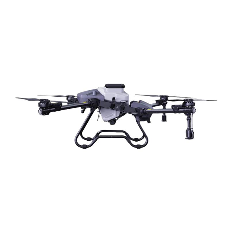 Dual-mode agricultural drone with 56-inch propellers spraying pesticide on corn field