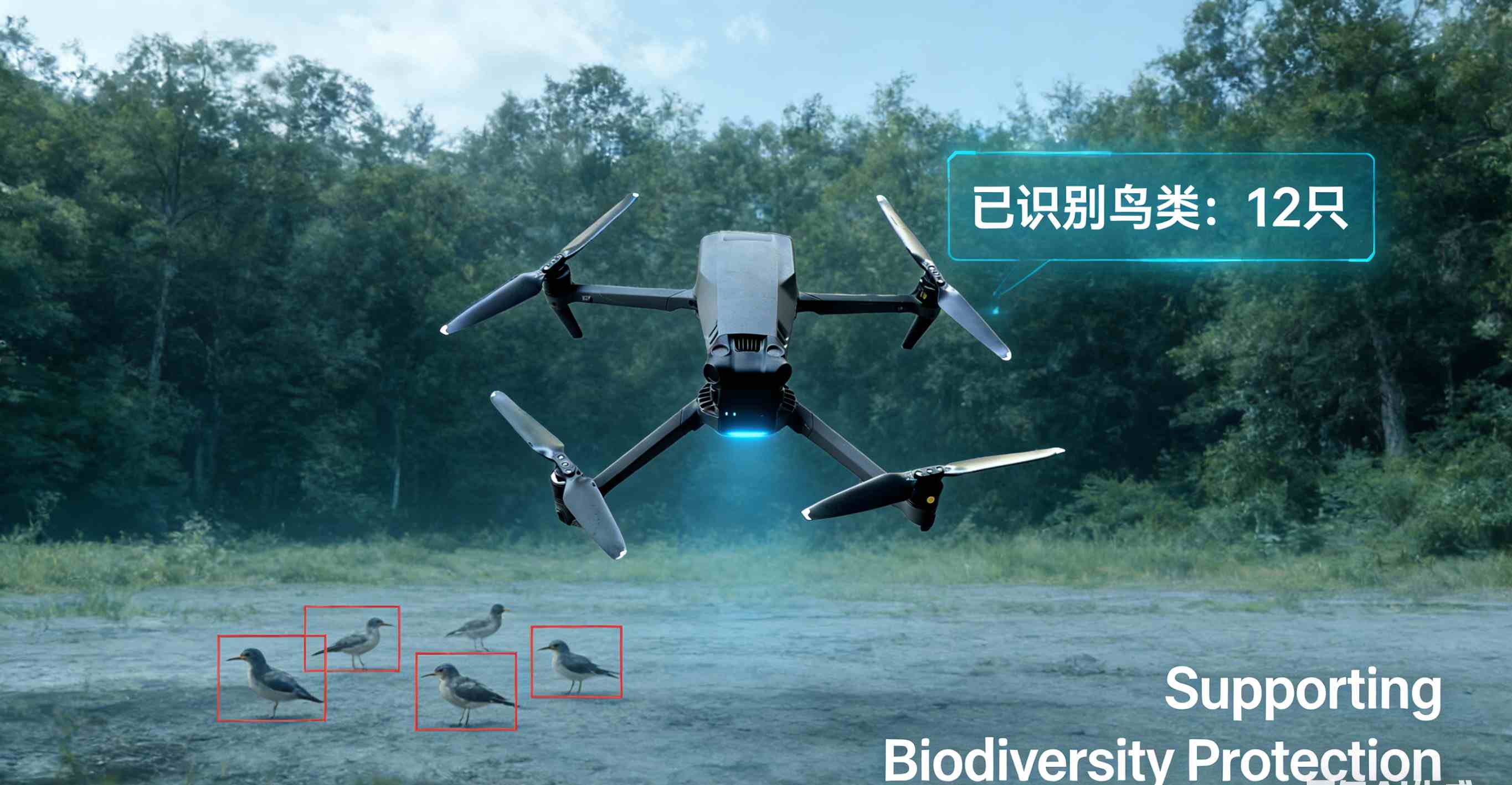 AI biodiversity monitoring interface showing drone automatically detecting and counting bird populations